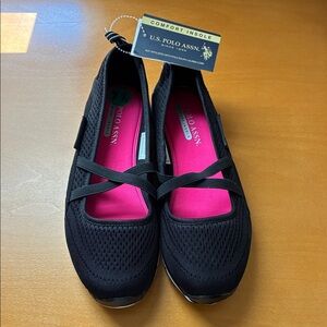U.S. Polo Assn. Women's Black Flats with Pink Comfort Insole.